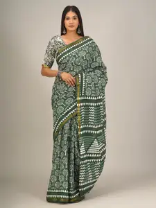 KIAARON Ethnic Motifs Zari Mulmul Cotton Block Print Saree
