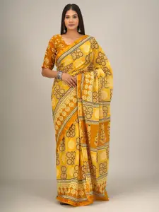 KIAARON Ethnic Motifs Zari Pure Cotton Block Print Saree