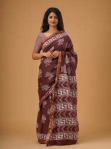 KIAARON Ethnic Motifs Zari Mulmul Cotton Block Print Saree