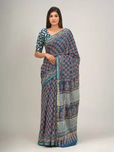 KIAARON Ethnic Motifs Zari Mulmul Cotton Block Print Saree