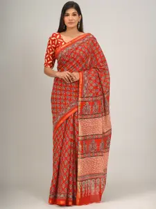 KIAARON Ethnic Motifs Zari Mulmul Cotton Block Print Saree