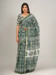 KIAARON Ethnic Motifs Zari Mulmul Cotton Block Print Saree