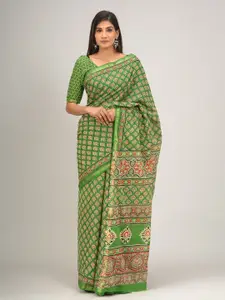 KIAARON Ethnic Motifs Zari Pure Cotton Block Print Saree