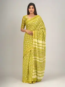 KIAARON Ethnic Motifs Zari Mulmul Cotton Block Print Saree