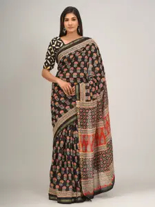 KIAARON Ethnic Motifs Zari Mulmul Cotton Block Print Saree