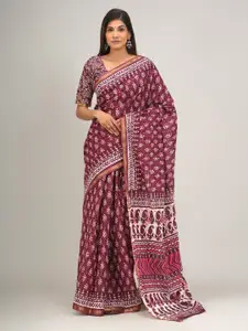 KIAARON Ethnic Motifs Zari Pure Cotton Block Print Saree