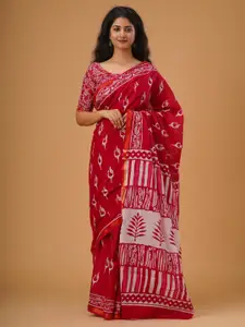 KIAARON Ethnic Motifs Zari Mulmul Cotton Block Print Saree