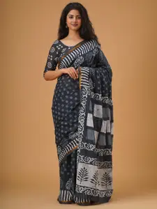 KIAARON Ethnic Motifs Zari Mulmul Cotton Block Print Saree