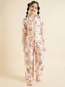 Cherry & Jerry Girls Graphic Printed Long Sleeves Satin Night suit