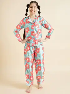 Cherry & Jerry Girls Floral Printed Long Sleeves Satin Night suit