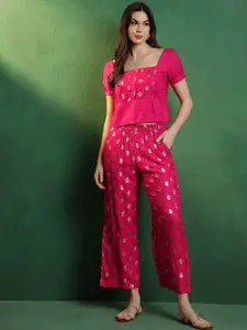 Sangria Printed Square Neck Crop Top & Palazzo Co-Ords