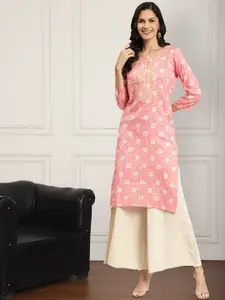 Anouk Floral Printed Round Neck Regular Sleeves Thread Work Straight Kurta