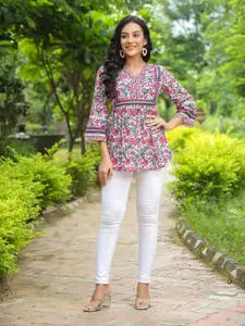 Rain & Rainbow Floral Print Cotton Empire Top