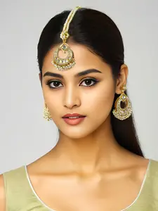 aadita Stone-Studded & Beaded Maang Tika & Earrings