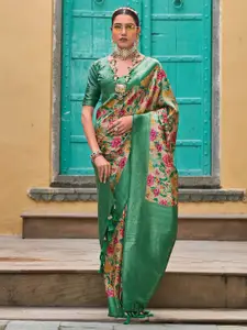 Satrani Beige & Green Floral Printed Zari Sungudi Saree