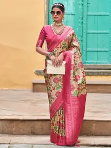 Satrani Beige & Pink Floral Printed Zari Sungudi Saree