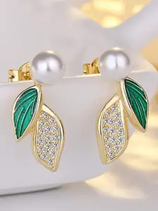 VAGHBHATT Stainless Steel Gold-Plated Stones Studded Leaf Shaped Drop Earrings