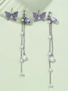 VAGHBHATT Silver-Plated Butterfly Shaped Rhinestone Studded Tasselled Drop Earrings