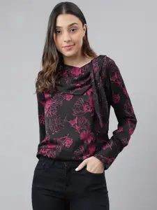 Latin Quarters Cowl Neck Long Sleeves Floral Printed Top