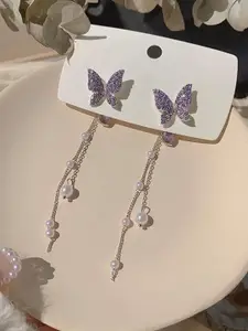 VAGHBHATT Stainless Steel Silver-Plated Rhinestone Studded Butterfly Inlaid Drop Earrings