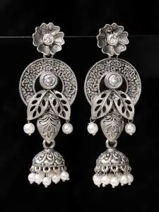 ADIVA Oxidised Silver-Plated Stone-Studded & Pearls Beaded Floral Shaped Jhumkas