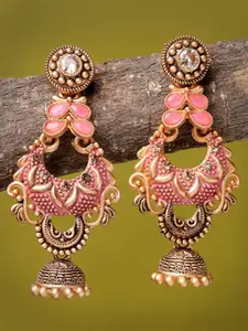 ADIVA Antique Gold-Plated Hand-Painted Stone-Studded Crescent Shaped Jhumkas