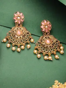 ADIVA Antique Gold-Plated Stone-Studded & Pearl Beaded Crescent Shaped Drop Earrings