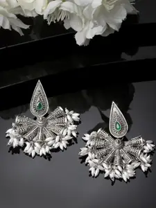 ADIVA Oxidised Silver-Plated Stone-Studded & Pearls Beaded Floral Shaped Drop Earrings