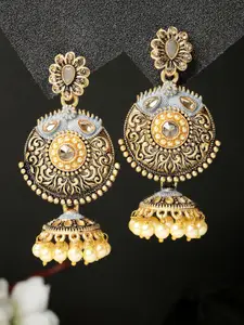 ADIVA Antique Gold-Plated Kundan-Studded & Pearls Beaded Dome Shaped Jhumkas