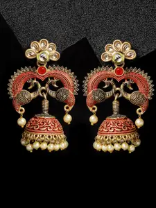 ADIVA Gold-Plated Kundan Studded Hand Painted Peacock Shaped Jhumkas
