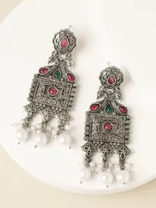 ADIVA Silver-Plated Contemporary Oxidised Drop Earrings