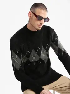 SHOWOFF Round Neck Long Sleeves Argyle Printed Pullover