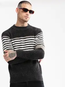 SHOWOFF Round Neck Long Sleeves Striped Pullover