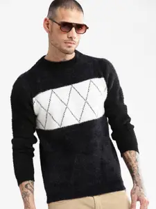 SHOWOFF Round Neck Long Sleeves Argyle Printed Pullover