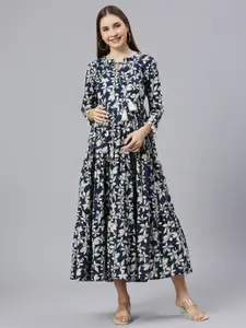 Aanyor Floral Printed Keyhole Neck Maternity Cotton Maxi Dress