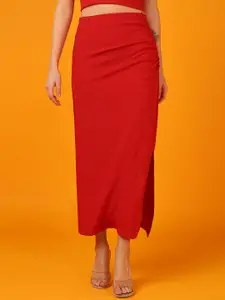 Mast & Harbour Red Ruched Side Slit Maxi Pencil Skirt
