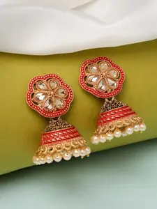 ADIVA Gold-Plated Stone-Studded & Pearl Beaded Classic Dome Shaped Jhumkas