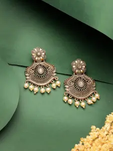 ADIVA Antique Gold-Plated Stone-Studded & Pearl Beaded Leaf Shaped Classic Drop Earrings