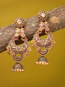 ADIVA Antique Gold-Plated Hand-Painted Stone Studded Dome Shaped Jhumkas