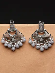 ADIVA Silver-Plated Pearl Beaded & Stone-Studded Oxidised Drop Earrings