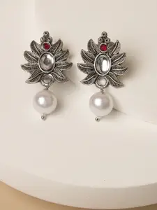 ADIVA Silver-Plated Kundan-Studded & Pearl Beaded Leaf Shape Oxidised Drop Earrings