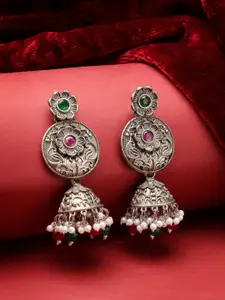ADIVA Oxidised Silver-Plated Stone-Studded & Pearls Beaded Dome Shaped Jhumkas