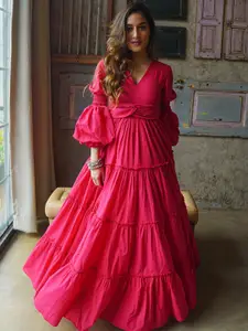 Ziva Fashion Puff Sleeves Tiered Fit And Flare Maxi Ethnic Dress