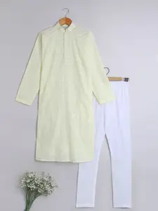 BAESD Boys Floral Embroidered Regular Chikankari Pure Cotton Kurta with Churidar