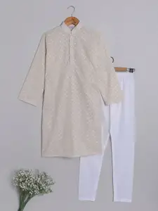 BAESD Boys Embroidered Regular Pure Cotton Chikankari Mandarin Collar Kurta & Churidar