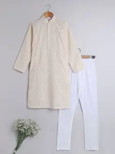 BAESD Boys Floral Embroidered Regular Chikankari Pure Cotton Kurta with Churidar