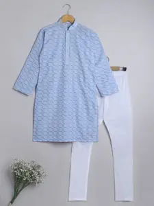 BAESD Boys Mandarin Collar Embroidered Regular Chikankari Pure Cotton Kurta with Churidar