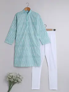 BAESD Boys Mandarin Collar Embroidered Regular Chikankari Pure Cotton Kurta with Churidar