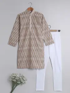 BAESD Boys Band Collar Long Sleeves Geometric Print Pure Cotton Kurta with Pyjamas
