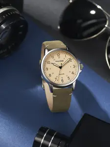 Sonata Men Brass Dial & Leather Bracelet Style Straps Round Analogue Watch SP70011SL04W